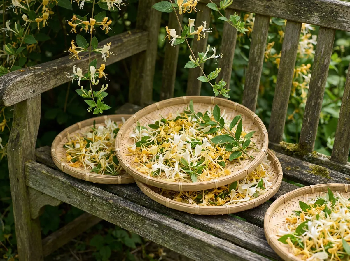Shallow bamboo trays heaped with freshly picked cream and gold honeysuckle blossoms